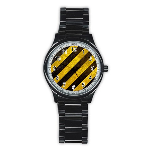 Black And Yellow Caution Stainless Steel Round Watch from ArtsNow.com Front