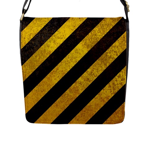 Black And Yellow Caution Flap Closure Messenger Bag (L) from ArtsNow.com Front