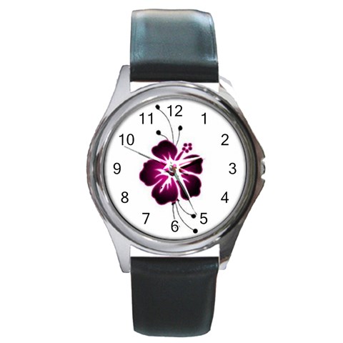 Pink Hawaiian Flower Round Metal Watch from ArtsNow.com Front