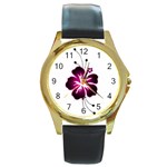 Pink Hawaiian Flower Round Gold Metal Watch