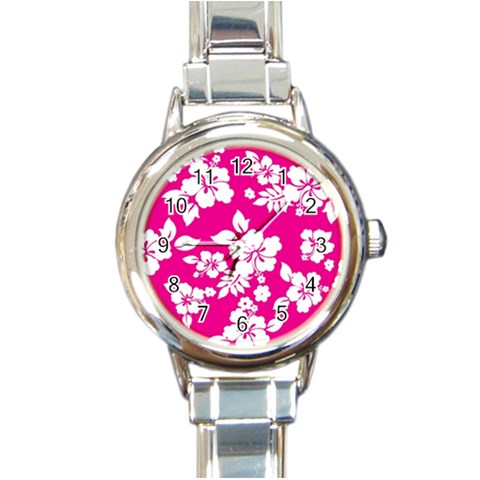 Pink Hawaiian Flowers Round Italian Charm Watch from ArtsNow.com Front