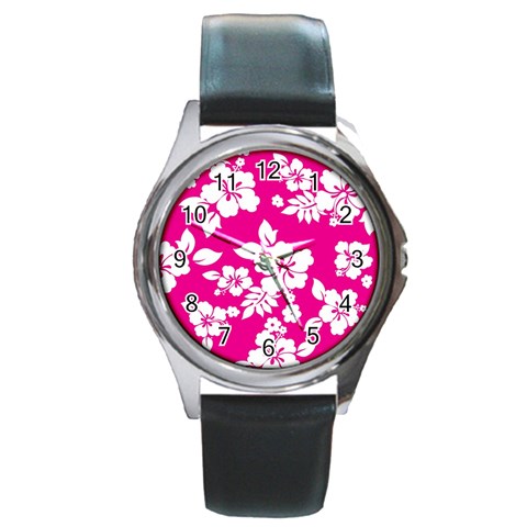 Pink Hawaiian Flowers Round Metal Watch from ArtsNow.com Front