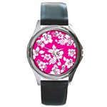 Pink Hawaiian Flowers Round Metal Watch