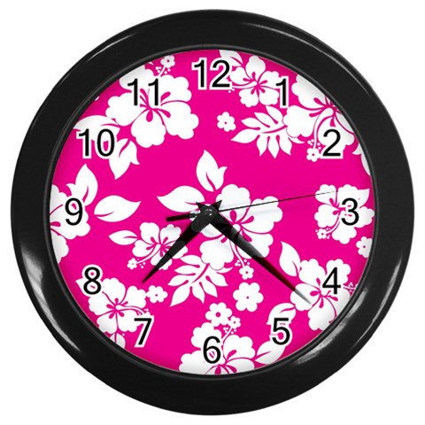 Pink Hawaiian Flowers Wall Clock (Black) from ArtsNow.com Front