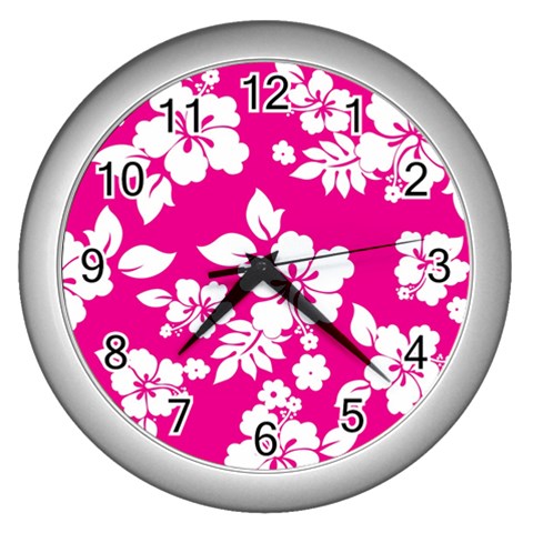 Pink Hawaiian Flowers Wall Clock (Silver) from ArtsNow.com Front