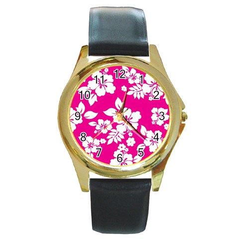 Pink Hawaiian Flowers Round Gold Metal Watch from ArtsNow.com Front