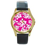 Pink Hawaiian Flowers Round Gold Metal Watch