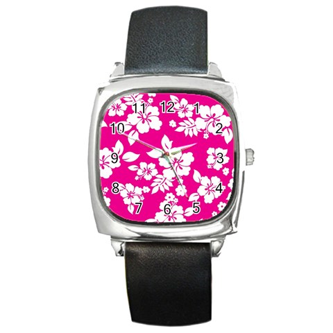 Pink Hawaiian Flowers Square Metal Watch from ArtsNow.com Front