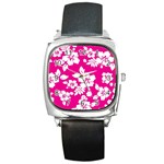 Pink Hawaiian Flowers Square Metal Watch