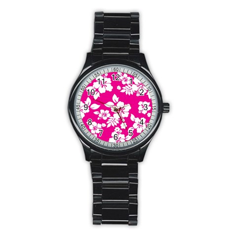 Pink Hawaiian Flowers Stainless Steel Round Watch from ArtsNow.com Front