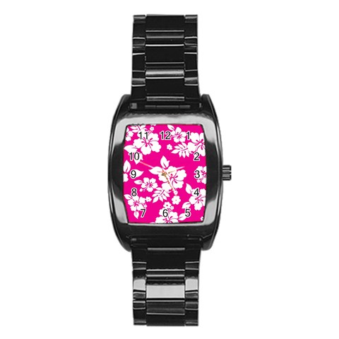 Pink Hawaiian Flowers Stainless Steel Barrel Watch from ArtsNow.com Front