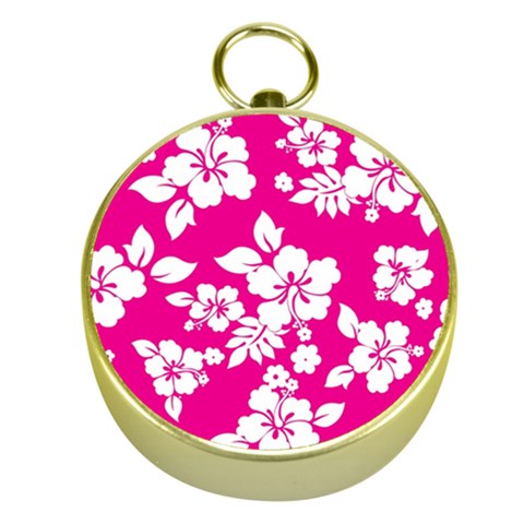 Pink Hawaiian Flowers Gold Compass from ArtsNow.com Front