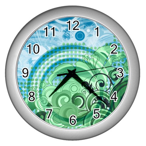 Blue Green Circle Design Wall Clock (Silver) from ArtsNow.com Front