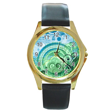 Blue Green Circle Design Round Gold Metal Watch from ArtsNow.com Front