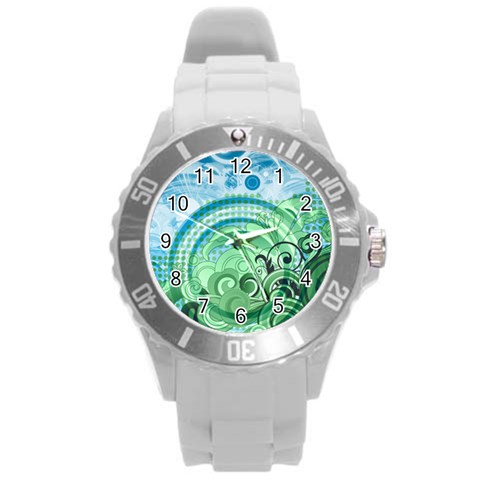 Blue Green Circle Design Round Plastic Sport Watch (L) from ArtsNow.com Front