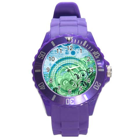 Blue Green Circle Design Round Plastic Sport Watch (L) from ArtsNow.com Front