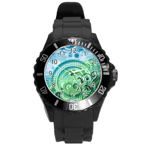 Blue Green Circle Design Round Plastic Sport Watch (L) from ArtsNow.com Front