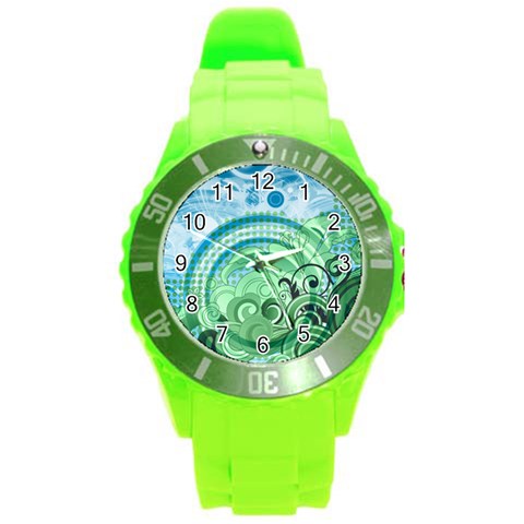 Blue Green Circle Design Round Plastic Sport Watch (L) from ArtsNow.com Front