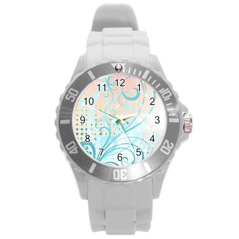 Pink Blue Pattern Round Plastic Sport Watch (L) from ArtsNow.com Front