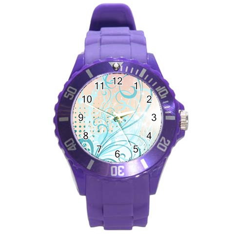 Pink Blue Pattern Round Plastic Sport Watch (L) from ArtsNow.com Front