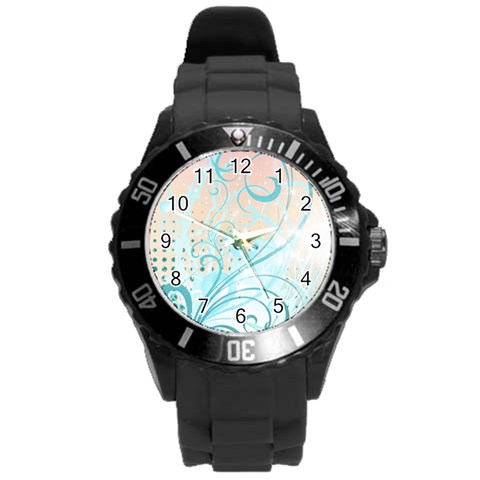 Pink Blue Pattern Round Plastic Sport Watch (L) from ArtsNow.com Front