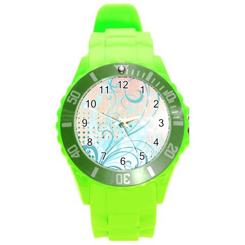 Pink Blue Pattern Round Plastic Sport Watch (L) from ArtsNow.com Front