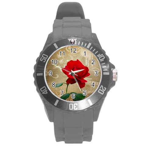 Red Rose Art Round Plastic Sport Watch (L) from ArtsNow.com Front