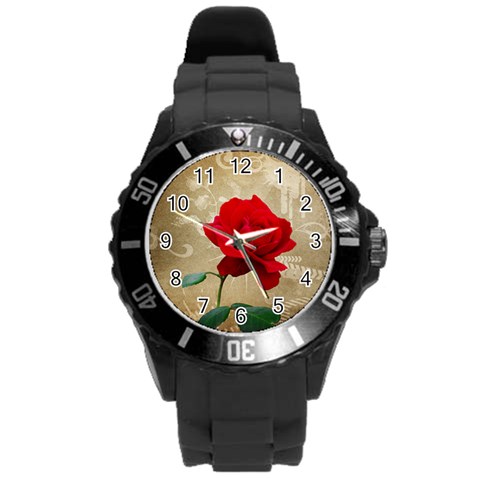 Red Rose Art Round Plastic Sport Watch (L) from ArtsNow.com Front