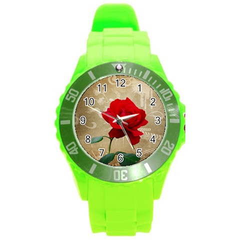 Red Rose Art Round Plastic Sport Watch (L) from ArtsNow.com Front