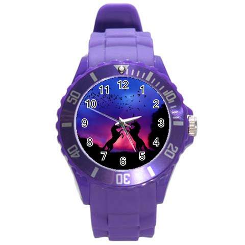 Unicorn Sunset Round Plastic Sport Watch (L) from ArtsNow.com Front