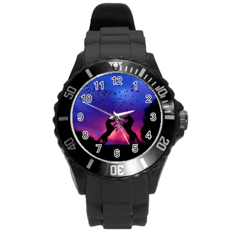 Unicorn Sunset Round Plastic Sport Watch (L) from ArtsNow.com Front