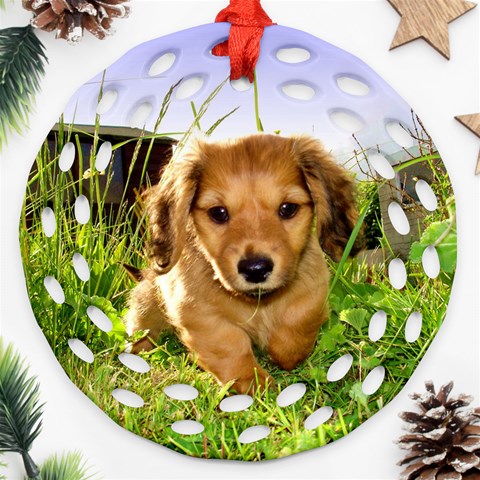 Puppy In Grass Round Filigree Ornament (Two Sides) from ArtsNow.com Back