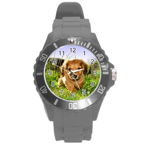 Puppy In Grass Round Plastic Sport Watch (L) from ArtsNow.com Front