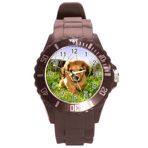 Puppy In Grass Round Plastic Sport Watch (L) from ArtsNow.com Front