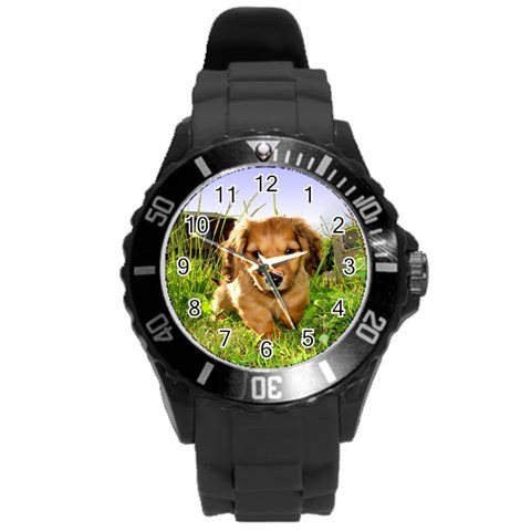 Puppy In Grass Round Plastic Sport Watch (L) from ArtsNow.com Front