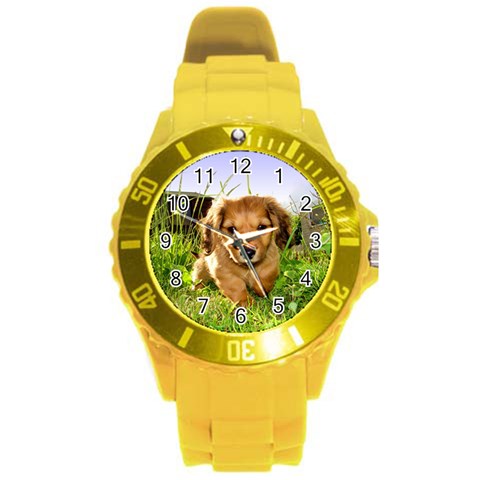 Puppy In Grass Round Plastic Sport Watch (L) from ArtsNow.com Front