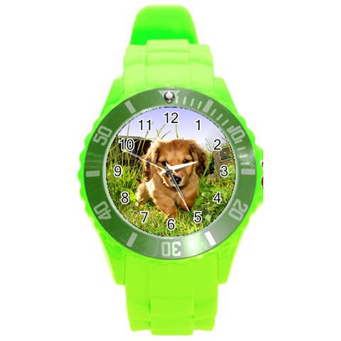 Puppy In Grass Round Plastic Sport Watch (L) from ArtsNow.com Front