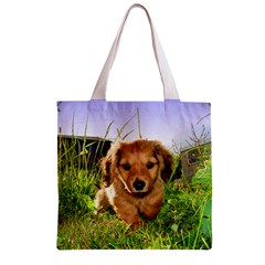 Puppy In Grass Zipper Grocery Tote Bag from ArtsNow.com Front