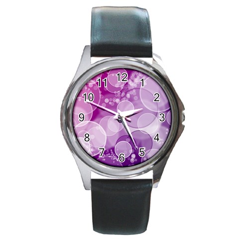 Purple Bubble Art Round Metal Watch from ArtsNow.com Front