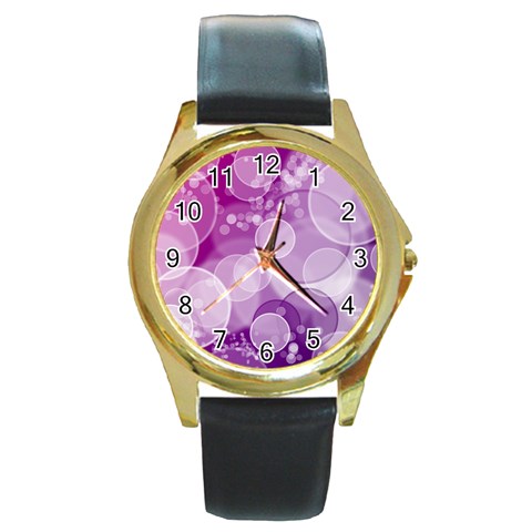 Purple Bubble Art Round Gold Metal Watch from ArtsNow.com Front