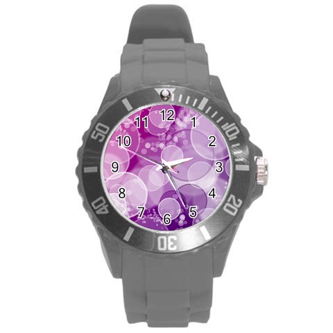 Purple Bubble Art Round Plastic Sport Watch (L) from ArtsNow.com Front