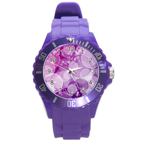 Purple Bubble Art Round Plastic Sport Watch (L) from ArtsNow.com Front