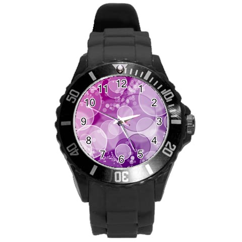 Purple Bubble Art Round Plastic Sport Watch (L) from ArtsNow.com Front