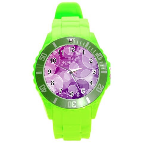 Purple Bubble Art Round Plastic Sport Watch (L) from ArtsNow.com Front