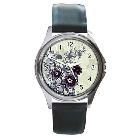 Purple Flower Art Round Metal Watch from ArtsNow.com Front