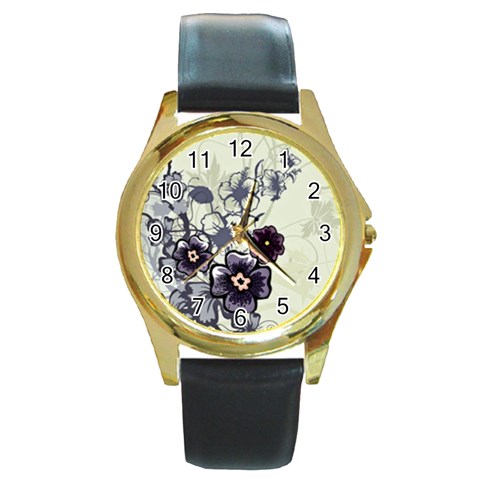 Purple Flower Art Round Gold Metal Watch from ArtsNow.com Front