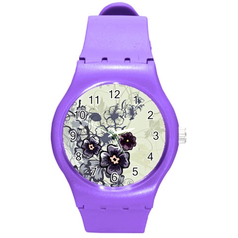 Purple Flower Art Round Plastic Sport Watch (M) from ArtsNow.com Front