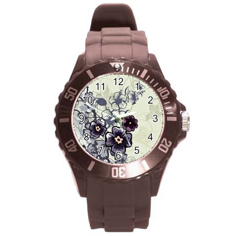 Purple Flower Art Round Plastic Sport Watch (L) from ArtsNow.com Front