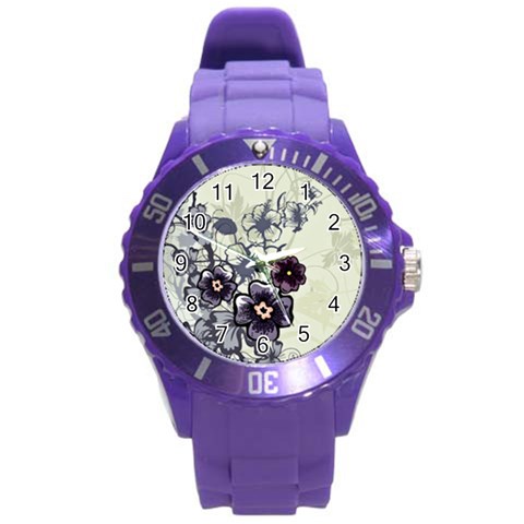 Purple Flower Art Round Plastic Sport Watch (L) from ArtsNow.com Front