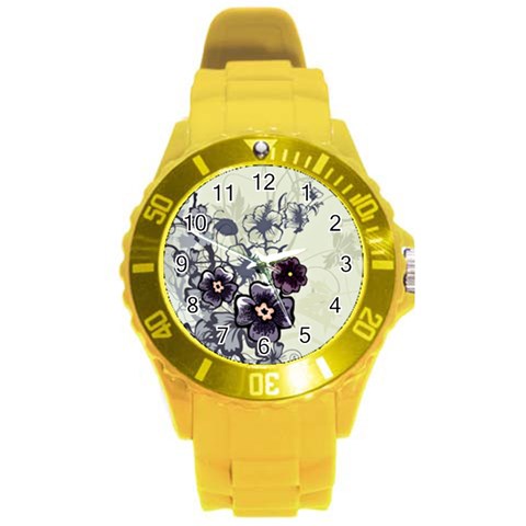 Purple Flower Art Round Plastic Sport Watch (L) from ArtsNow.com Front